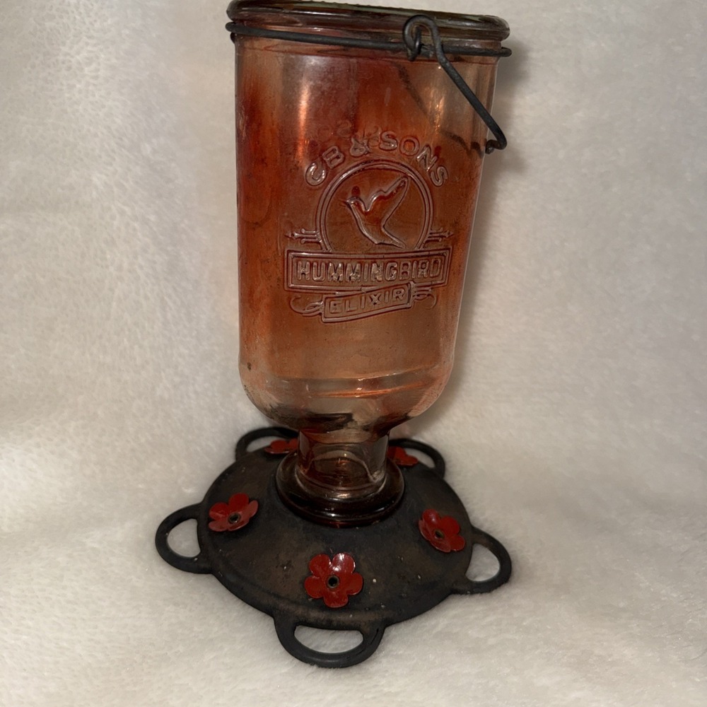 CB & Sons Hummingbird Feeder 5 Port Bottom VTG Red Glass Elixir Medicine Bottle